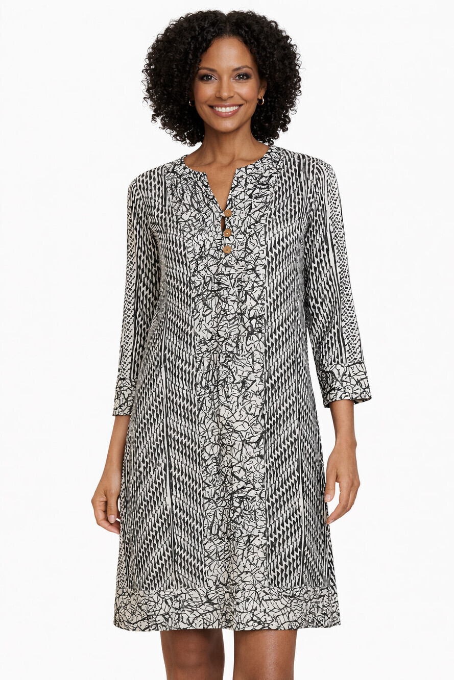 Soft Surroundings Raven Shift Dress Black White Print Size Medium 3/4 Sleeve